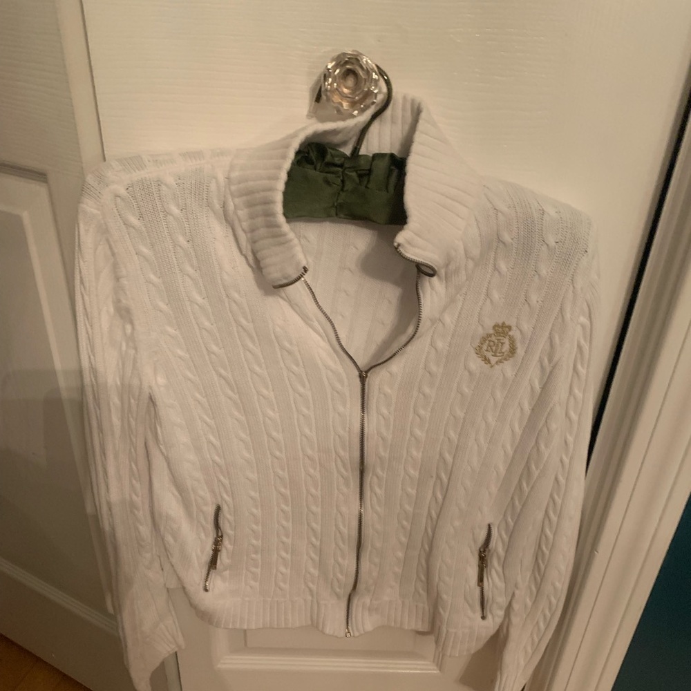 White Ralph Lauren zip up cable knit sweater
